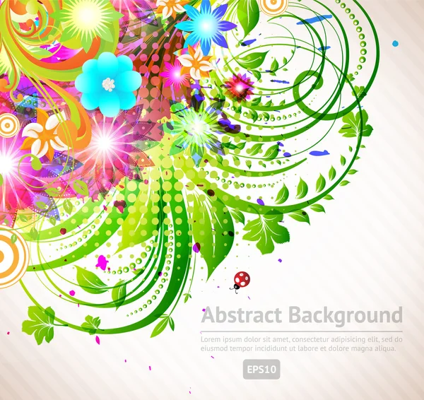 Vector abstracto fondo de verano floral con flores, sol, mariquita, cereza — Vector de stock