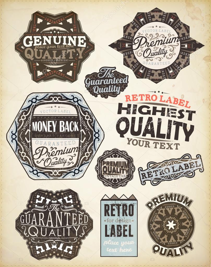 Vector set of calligraphic design elements: page decoration, Premium Quality, Genuine and Highest Quality Labels Old paper texture with dirty footprints of a cup of coffee.