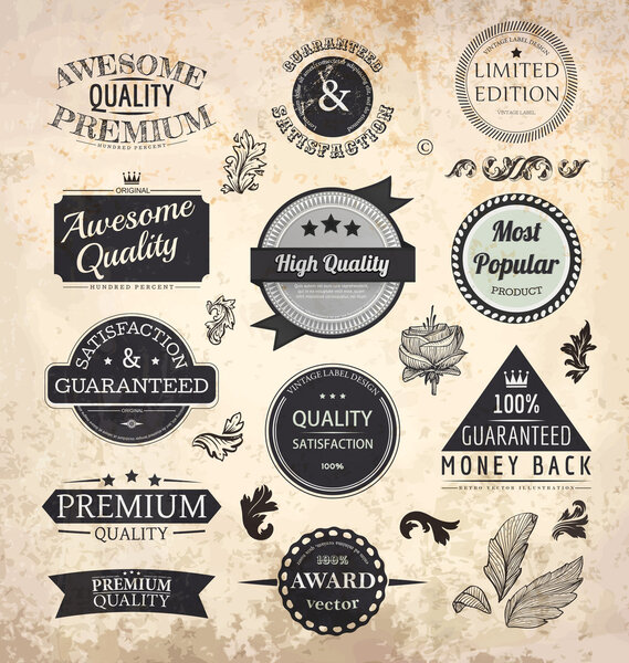 Collection of Premium Quality and Guarantee Labels with retro vintage styled design and old paper grunge texture