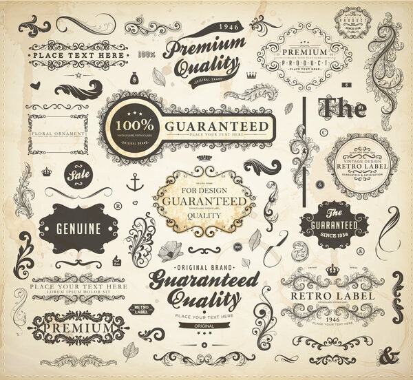 Vector set: calligraphic design elements and page decoration, Premium Quality, Seafarers and Satisfaction Guarantee Label collection with black grungy design and flowers