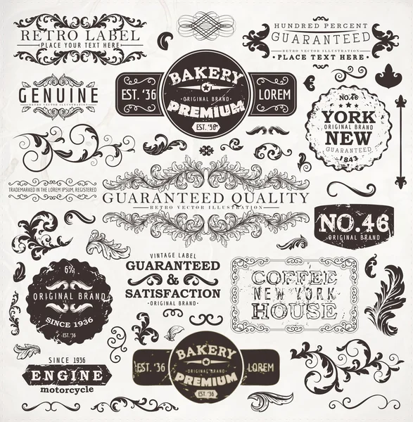 Vector set: calligraphic design elements and page decoration, Premium Quality, Seafarers and Satisfaction Guarantee Label collection with black grungy design and flowers — Stock Vector