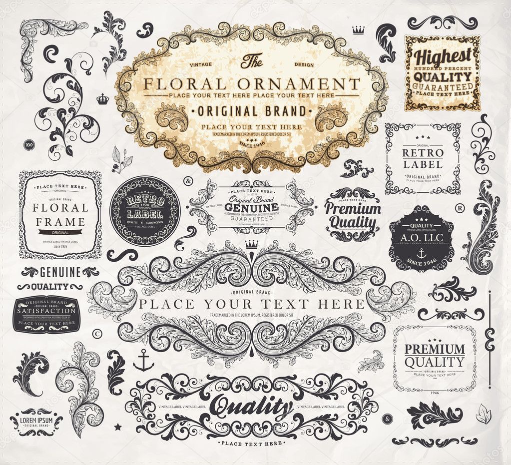 Vector set: calligraphic design elements and page decoration, Premium Quality, Seafarers and Satisfaction Guarantee Label collection with black grungy design and flowers