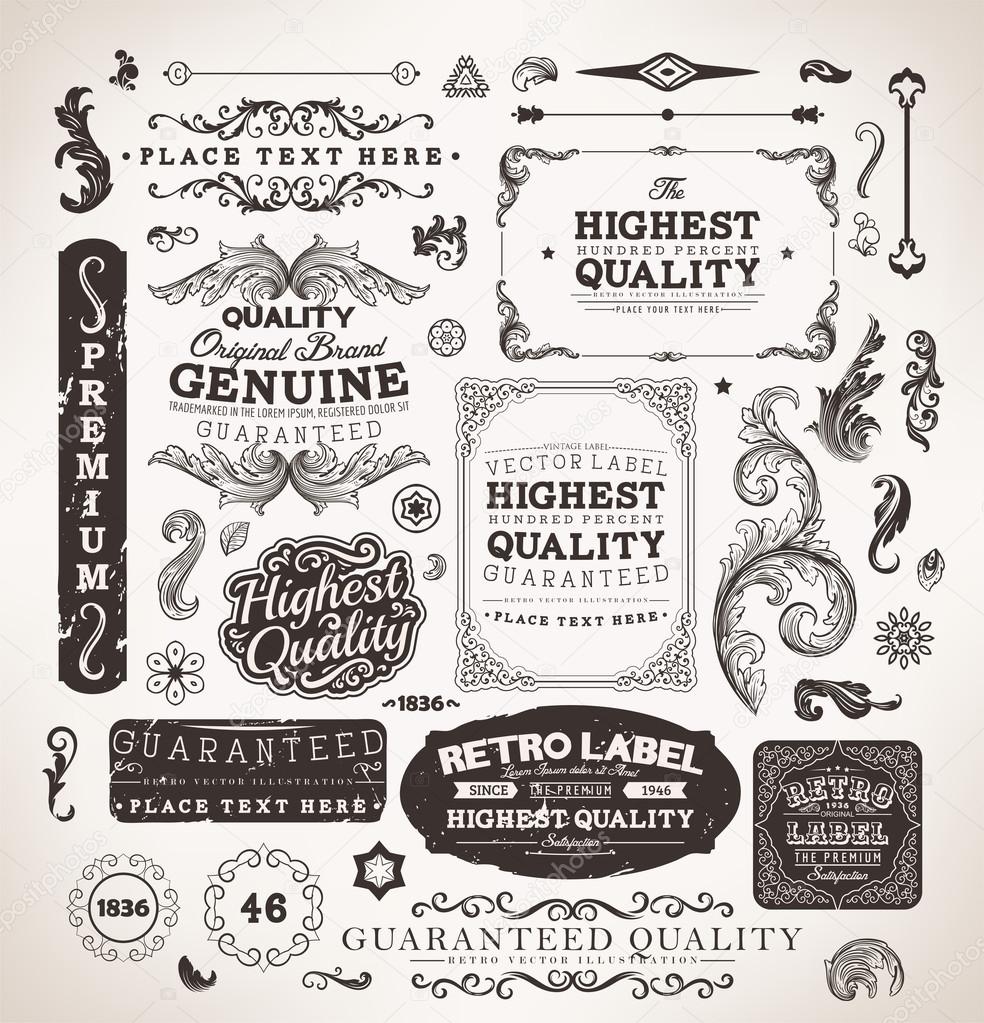 Vector set: calligraphic design elements and page decoration, Premium Quality, Seafarers and Satisfaction Guarantee Label collection with black grungy design and flowers