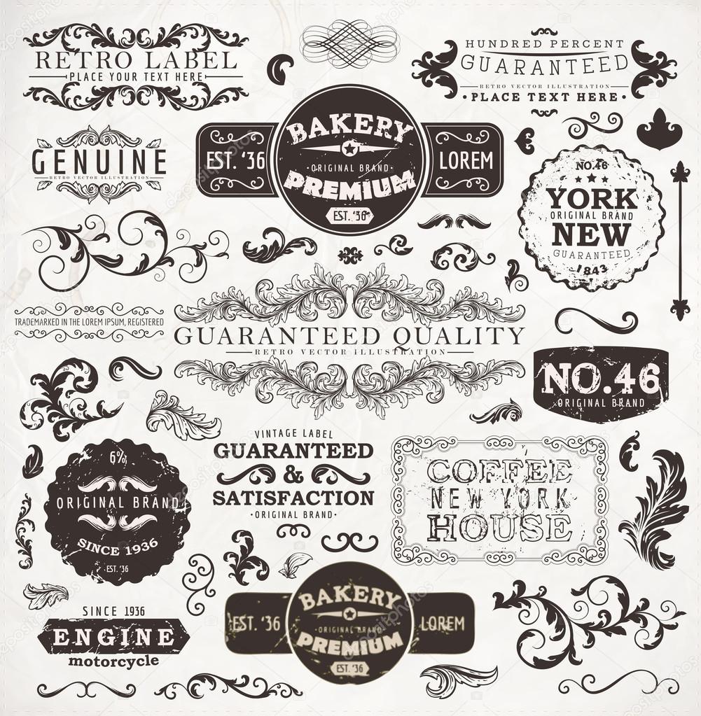 Vector set: calligraphic design elements and page decoration, Premium Quality, Seafarers and Satisfaction Guarantee Label collection with black grungy design and flowers