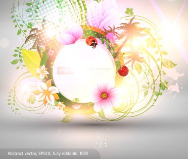 çiçek, güneş, uğur böceği, kiraz ve avuç içi ile tasarlamak vektör çiçekli yaz arka plan