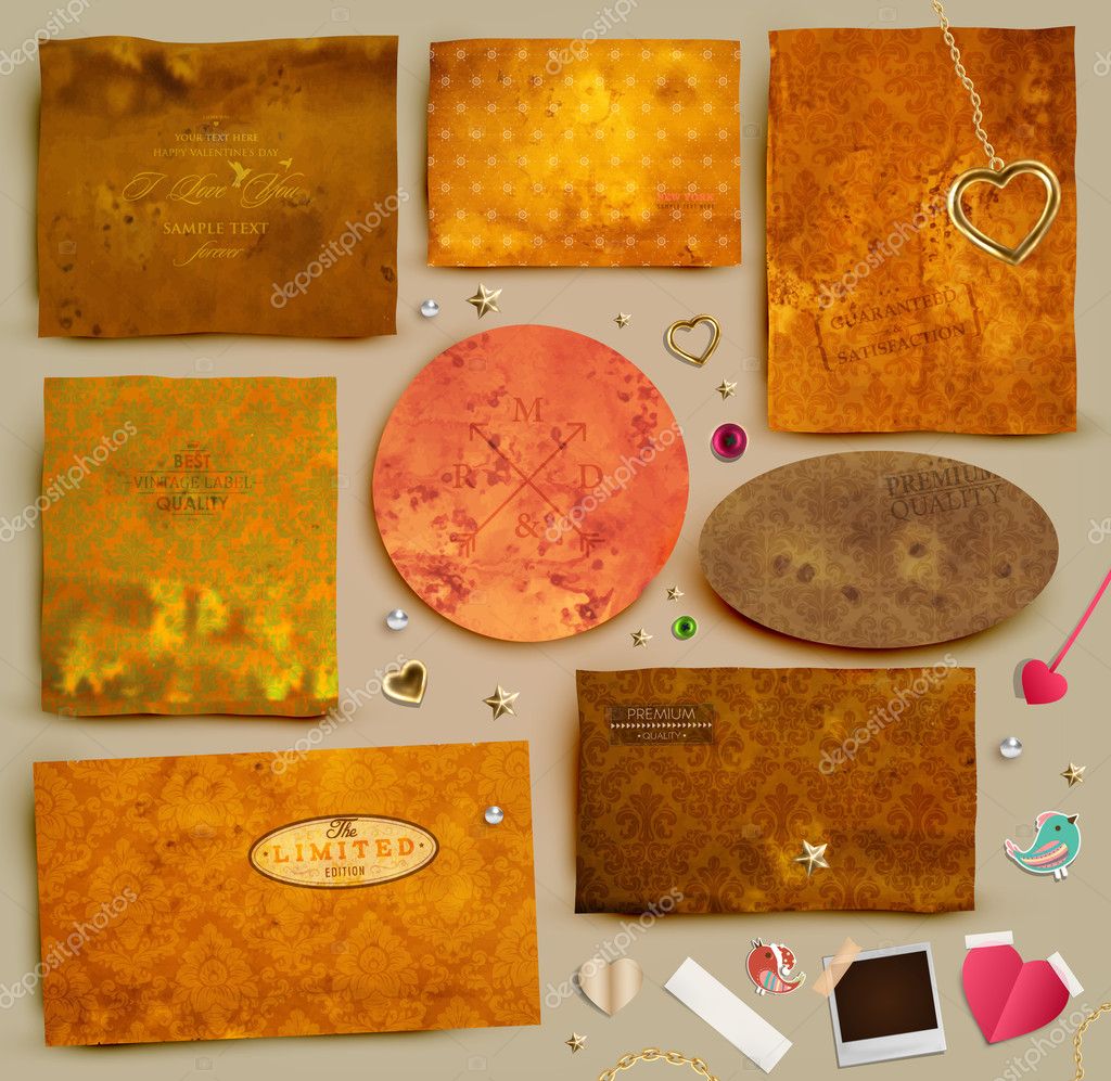 Scrapbooking set. Old paper textures: different aged paper elements for your layouts, golden hearts, stars, toggle and beads. Seamless floral ornaments collection.