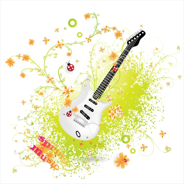 Vector illustration for spring design with guitar and flowers. — Stock Vector