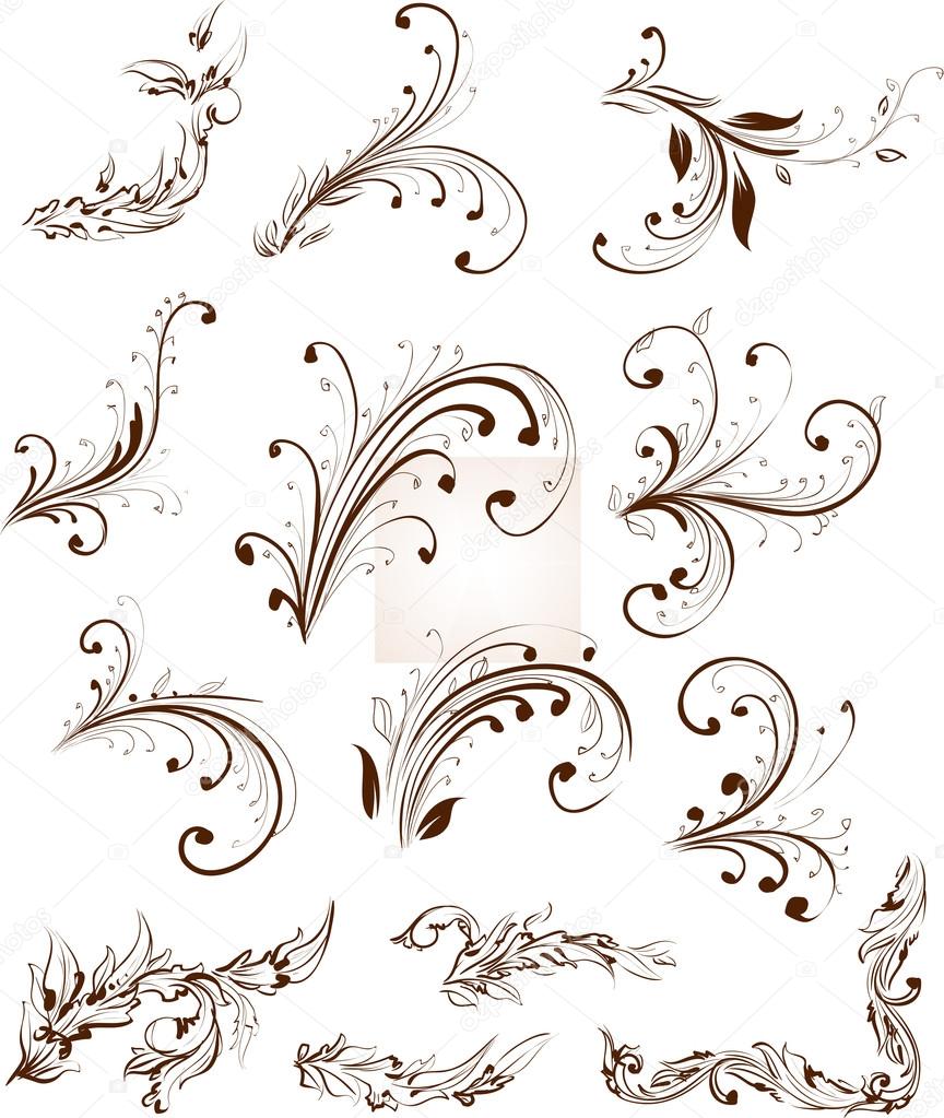 Vintage colorful design elements set for retro design. With leafs and flowers.