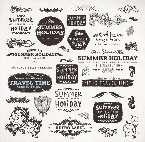 Calligraphic elements and page decoration, Summer Holiday and Travel Time Label collection with black grungy design for old style design. Eps10 vector set. — Stock Vector