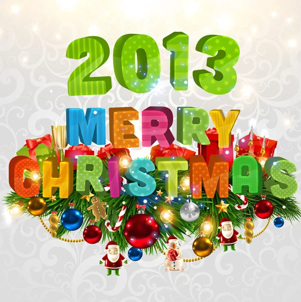 Buon Natale e felice anno nuovo vettore con palla, ramo di albero di pelliccia e stelle . — Vettoriale Stock