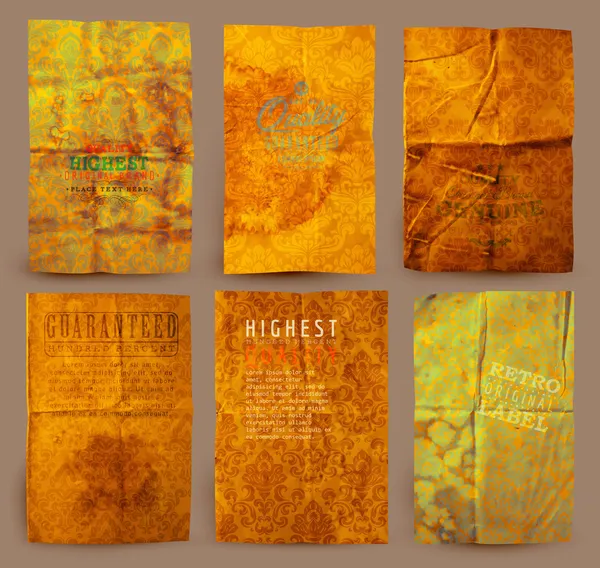 Régi papír Textúrák készlet: különböző korú papír elemek gyűjteménye az elrendezéseket, a varrat nélküli virág díszek. — Stock Vector