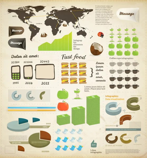 Öğeleri infographics ayarlayın. Dünya grafik harita ve bilgi. elma ve Hindistan cevizi. telefonları ve Etiketler. Fast food — Stok Vektör