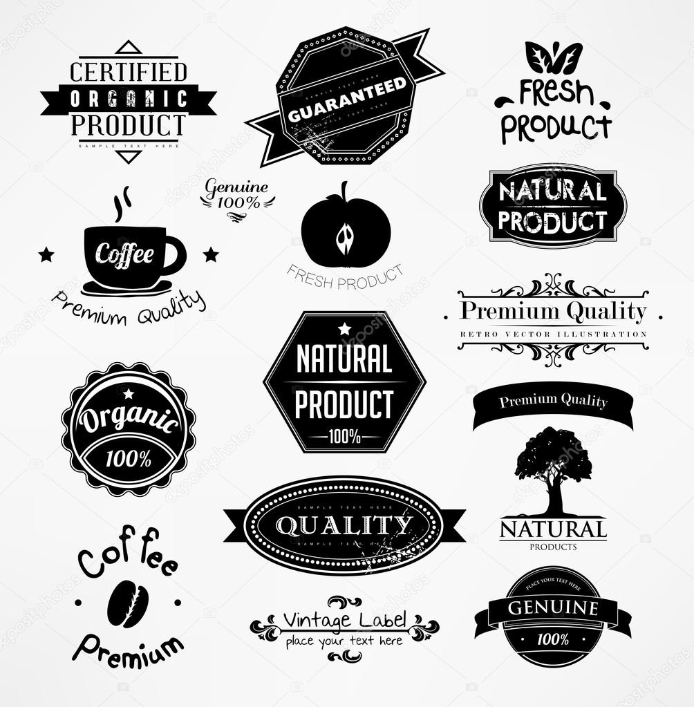Vector set: calligraphic design elements and page decoration, Premium Quality and Natural Product Label collection with black grungy design
