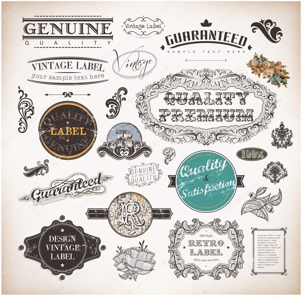 Calligraphic design elements, page decoration, retro labels and frames set for vintage design Old paper grunge texture