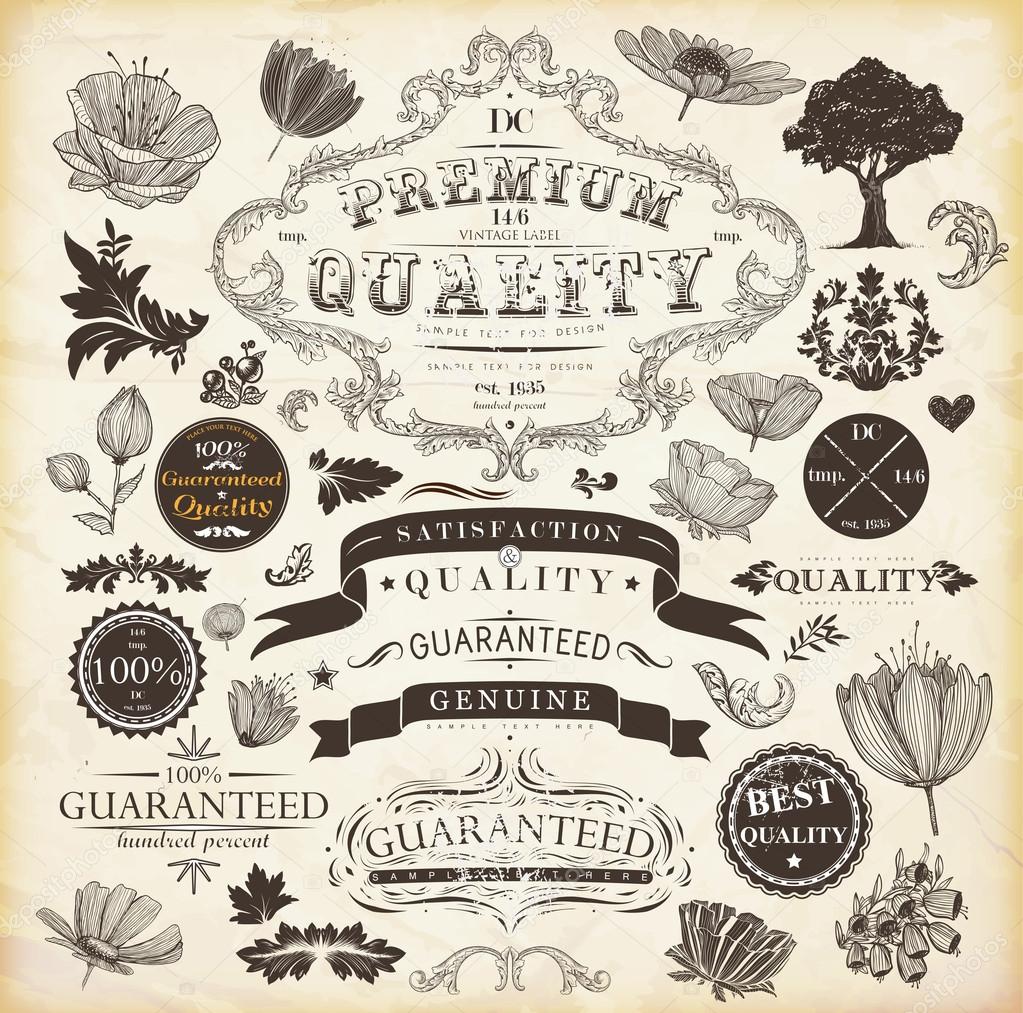 Calligraphic design elements, page decoration, retro labels and frames set for vintage design Old paper grunge texture