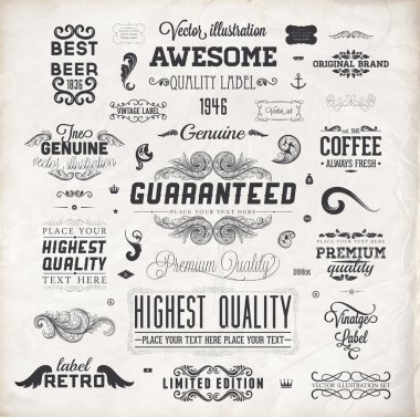 Kaligrafi tasarım öğeleri, sayfa süsleme, retro etiket ve çerçeveler vintage design eski kağıt doku için ayarla