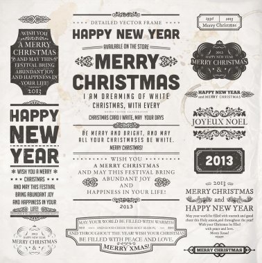 Noel dekorasyon koleksiyonu kümesi kaligrafi ve tipografik öğelerin, çerçevelerini, vintage etiketleri ve sınırları. çiçekli süsler ve eski kağıt dokusu. tüm tatil davetiye tasarımı için