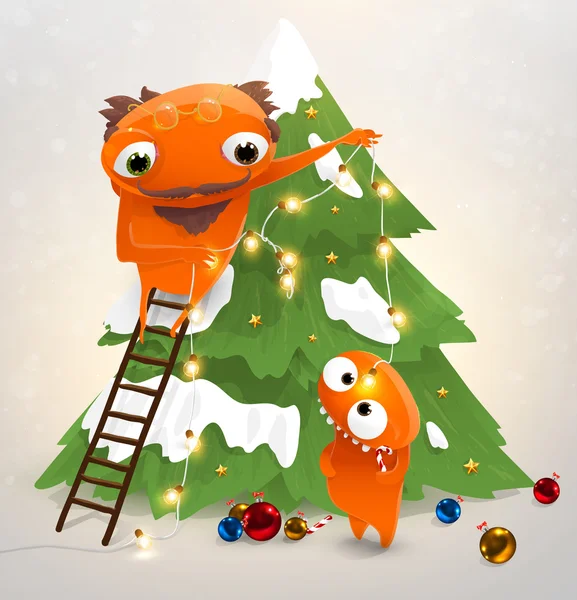 Funny characters: grandfather and grandson decorate the Christmas tree — Stock Vector