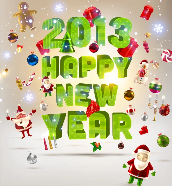 2013 Feliz Año Nuevo 3d cartas vectoriales para la invitación de Navidad. Todo para el diseño de Navidad: bolas, regalos, Santa Claus, muñeco de nieve, dulces, copos de nieve brillantes, ramas de árbol de acebo y hombre de jengibre. Gran conjunto de elementos — Vector de stock