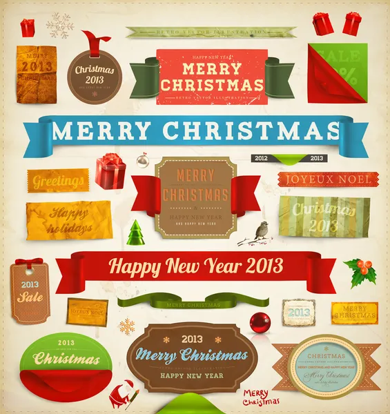 Set vector christmas linten, oude vuile papier structuren en vintage Nieuwjaar labels. elementen voor xmas ontwerp: santa, ballen, Maretak, geschenk, gekruld hoek papier frames. kerstversiering instellen. — Stockvector