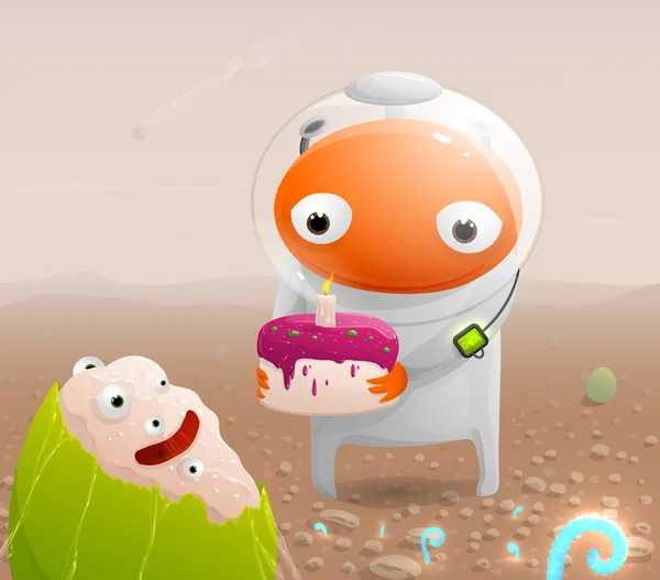 Astronaut on the surface of Mars congratulates with the birth of the extraterrestrial and gives the cake with a candle. Vector illustration. — Stock Vector