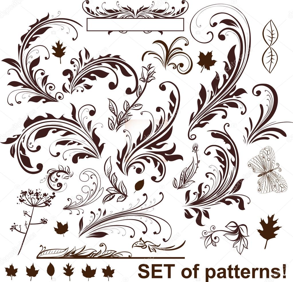 Vintage colorful design elements set for retro design. With leafs and flowers.