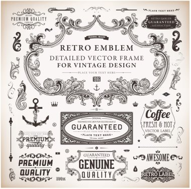 Calligraphic design elements, page decoration, retro labels and frames set for vintage design Old paper grunge texture clipart