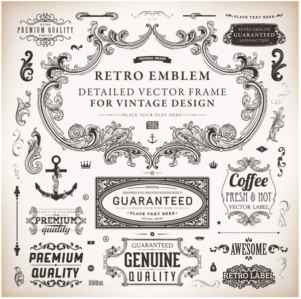 Kalligrafische ontwerpelementen, pagina decoratie, retro etiketten en frames instellen voor vintage ontwerp oud papier grunge textuur — Stockvector