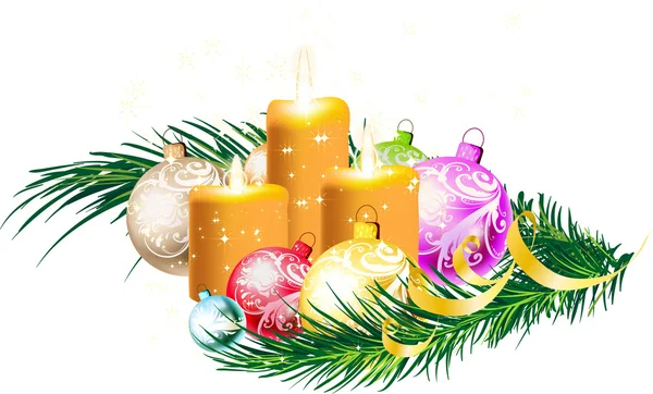 Sfondo natalizio con bagattelle e albero di Natale — Vettoriale Stock