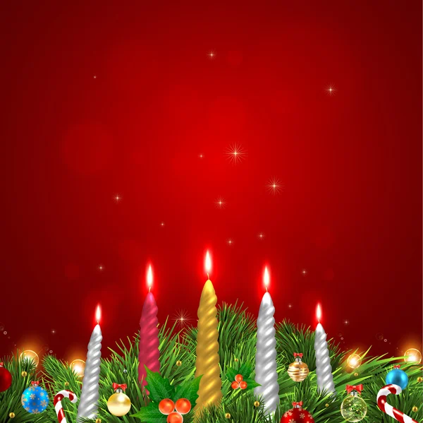 Vánoční svíčka světle, jedle s vánočními hračkami. — Stockový vektor