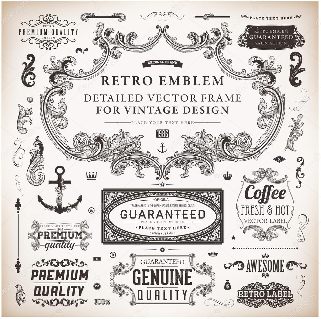 Calligraphic design elements, page decoration, retro labels and frames set for vintage design Old paper grunge texture