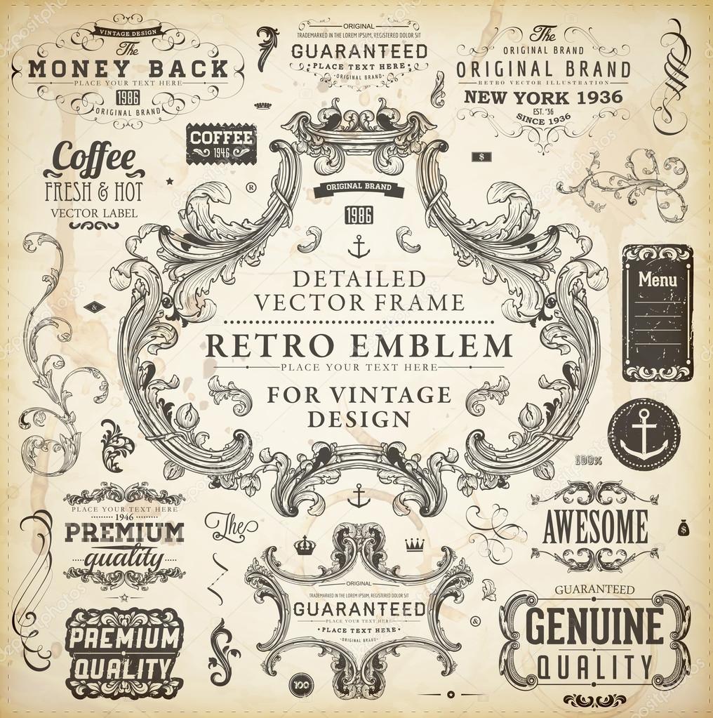 Calligraphic design elements, page decoration, retro labels and frames set for vintage design Old paper grunge texture