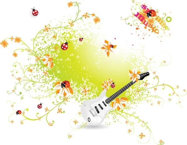 Ilustrație vectorială pentru design de primăvară cu chitară și flori . — Vector de stoc