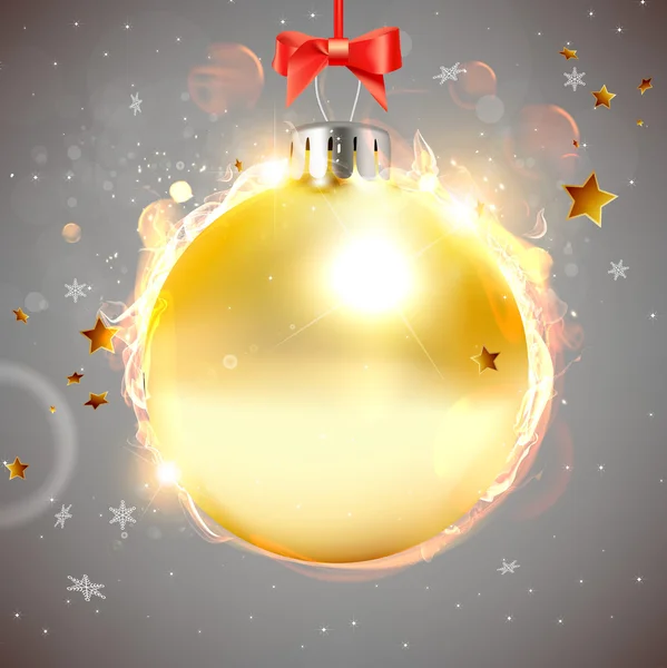Jul bakgrund, xmas gyllene boll med eld — Stock vektor