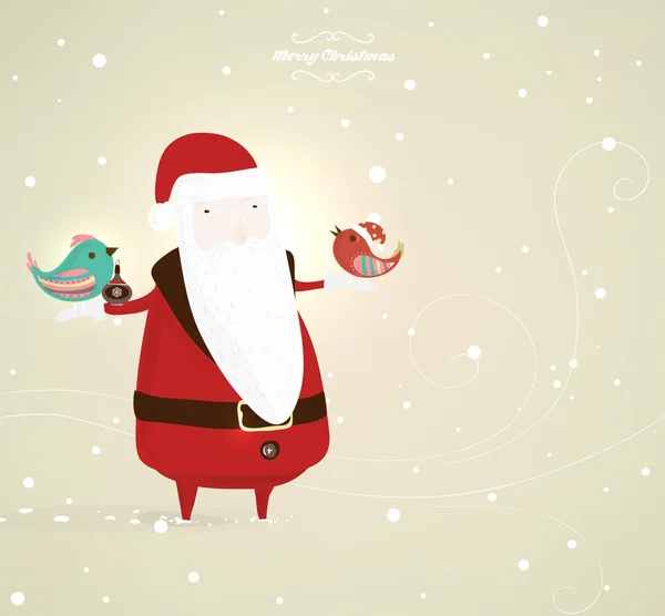 圣诞老人与鸟。复古圣诞贺卡矢量插图 — 图库矢量图片