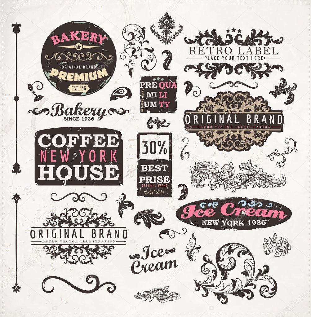 Set of vintage retro Bakery badges, Coffee House and Ice Cream labels, old page elements collection