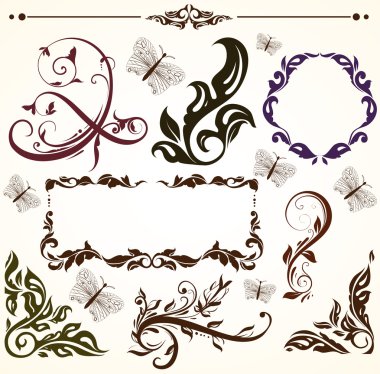 Vintage renkli tasarım öğeleri retro tasarımı için ayarlayın. ile yapraklar ve çiçekler.