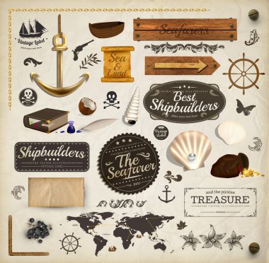 Scrapbooking kit: marine holiday elements collection. Ship, map, moorings, seashells with pearl and wood banners set. Old paper texture and retro frames.