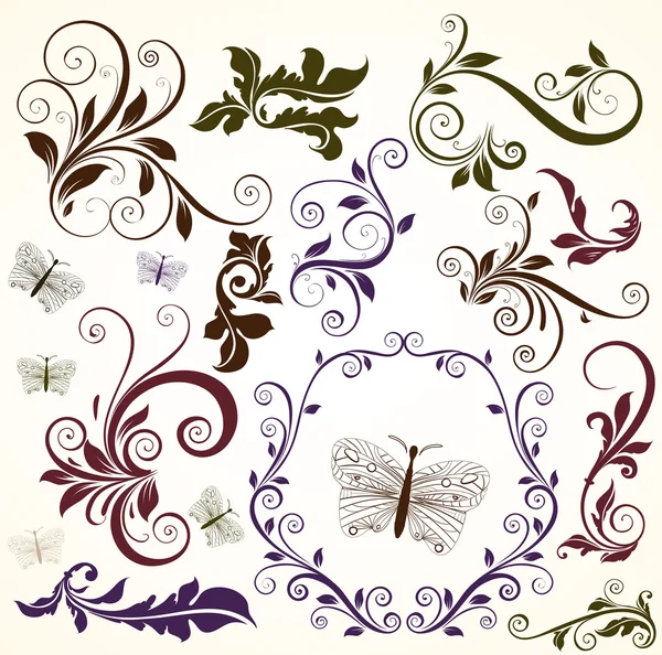 Vintage colorful design elements set for retro design. With leafs and flowers. — Stock Vector