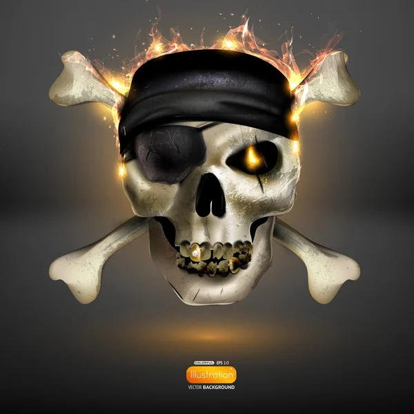 Cráneo con huesos y fuego para Halloween o diseño de roca — Vector de stock