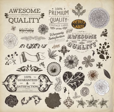 vector set: kaligrafik tasarım öğeleri ve sayfa dekorasyon, siyah aşınmış tasarım ve çiçekler ile üstün kaliteli, denizciler ve memnuniyet garantisi etiket koleksiyonu