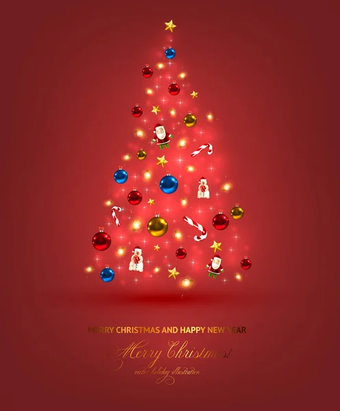 Arbre brillant de Noël avec étoiles, boules, Père Noël et bonhomme de neige — Image vectorielle