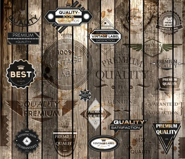 dizi kaligrafi tasarım öğeleri, sayfa süsleme, üstün kaliteli ve memnuniyetini garanti etiketi koleksiyonu, ahşap antika arka plan vektör