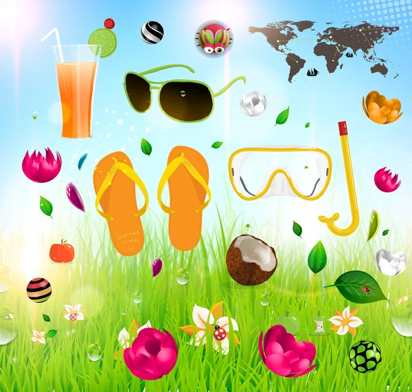 Ilustração vetorial da bandeira de verão, Conjunto de elementos de férias de verão: chinelos, coquetel, óculos de sol, máscara de natação, flores e gotas de água — Vetor de Stock