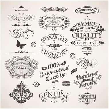 vector set: kaligrafi tasarım öğeleri, çiçekler ve retro çerçeveler, üstün kaliteli ve memnuniyet antika tasarım etiketleri garanti. eski stil, vektör toplama.