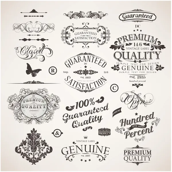 Vector set: calligraphic design elements, flowers and retro frames, Premium Quality and Satisfaction Guarantee vintage design Labels. Old style, vector collection. — Stock Vector