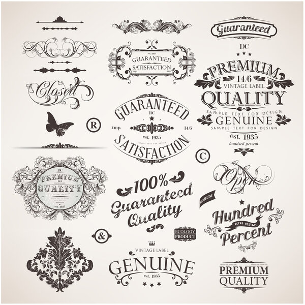 Vector set: calligraphic design elements, flowers and retro frames, Premium Quality and Satisfaction Guarantee vintage design Labels. Old style, vector collection.
