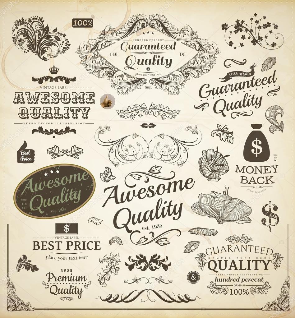 Vector set calligraphic design elements, engraving flowers and retro frames, Premium Quality and Satisfaction Guarantee vintage design Labels Old style, vector collection.