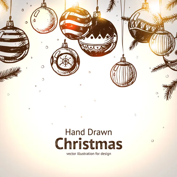 圣诞节手绘圣诞设计的毛皮树。与球、 玩具和冷杉球果. — 图库矢量图片