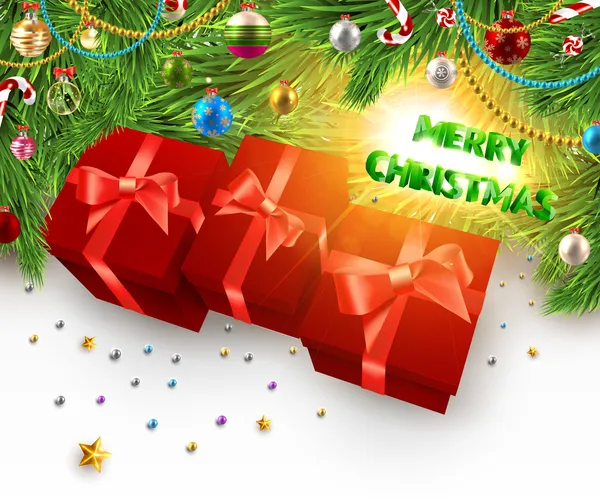 Jul bakgrund med dragon, jultomten, snögubbe, gåvor och christmas bollar för semester design — Stock vektor